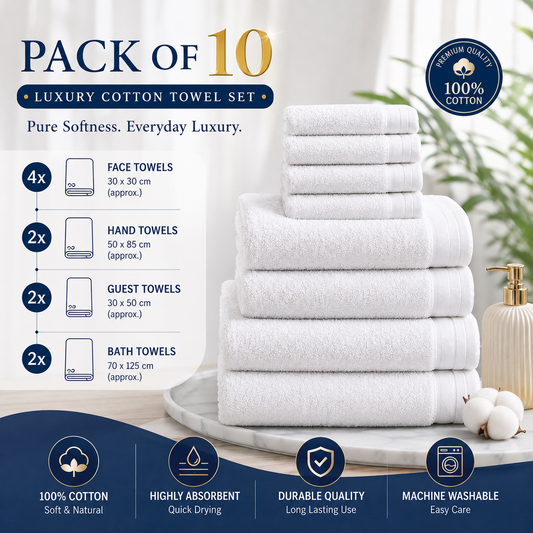 10 Piece White Towel Set | Soft & Absorbent Cotton Towels