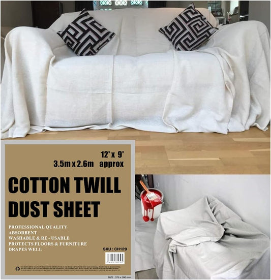 3 x Cotton Twill DUST Sheets Professional Quality for Painting, Furniture and Decorating. Large Size : 12ft x 9ft. *** Pack of 3 Sheets*** (3xCH129)
