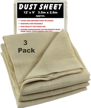 JMS Bridge 3 x DUST SHEETS 100% COTTON TWILL. Each Sheet of Size 12ft x 9ft. ***Pack of 3 Dust Sheets***