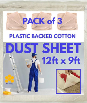 3 x Cotton Dust Sheets for Decorating, Painting, Furniture | 12ft x 9ft | Laminated Dust Sheet with Cotton Backed with Plastic Polythene Sheeting Paint Cover Sheet | Drop Cloth | (3xLT129)