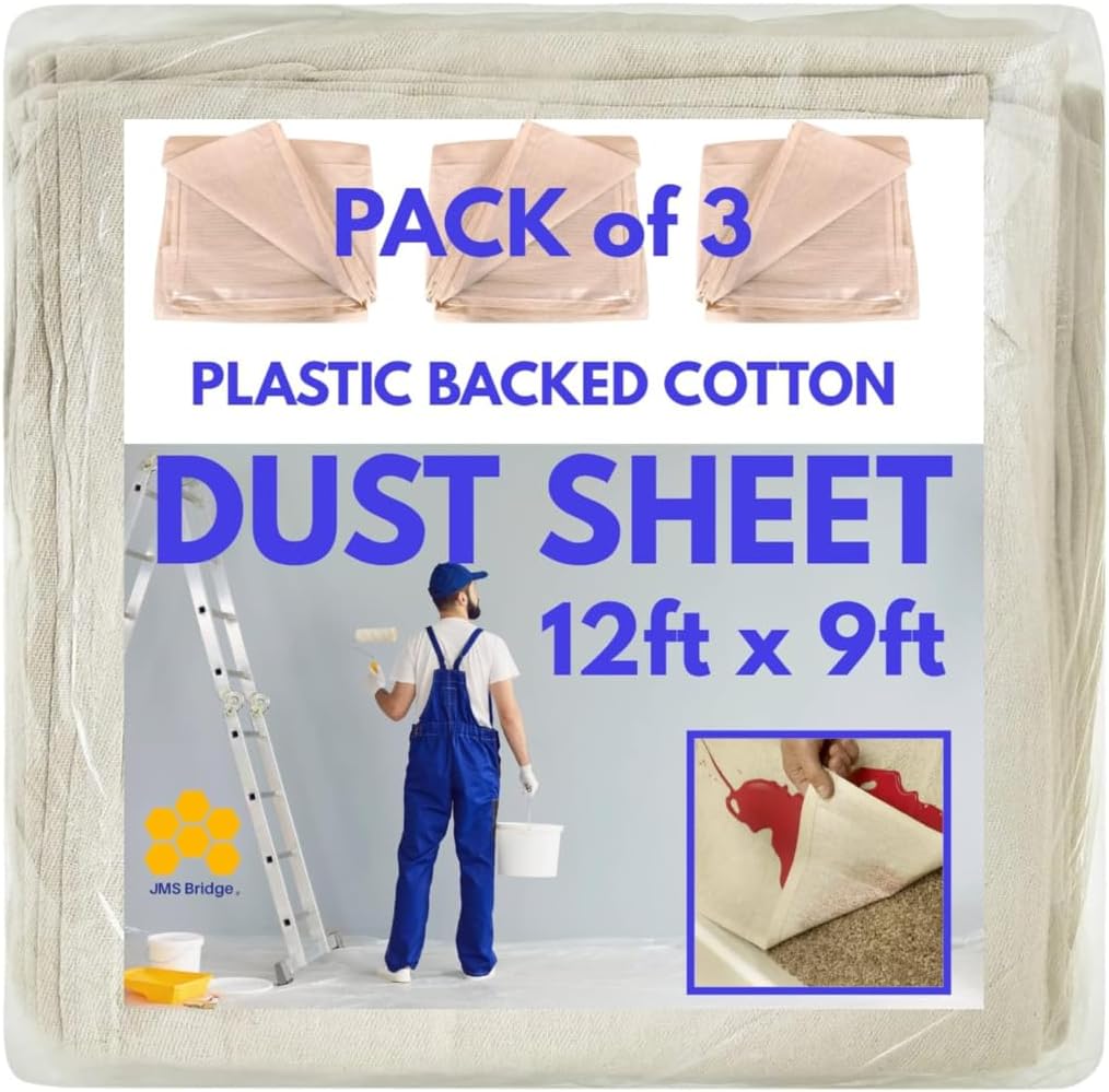 3 x Cotton Dust Sheets for Decorating, Painting, Furniture | 12ft x 9ft | Laminated Dust Sheet with Cotton Backed with Plastic Polythene Sheeting Paint Cover Sheet | Drop Cloth | (3xLT129)