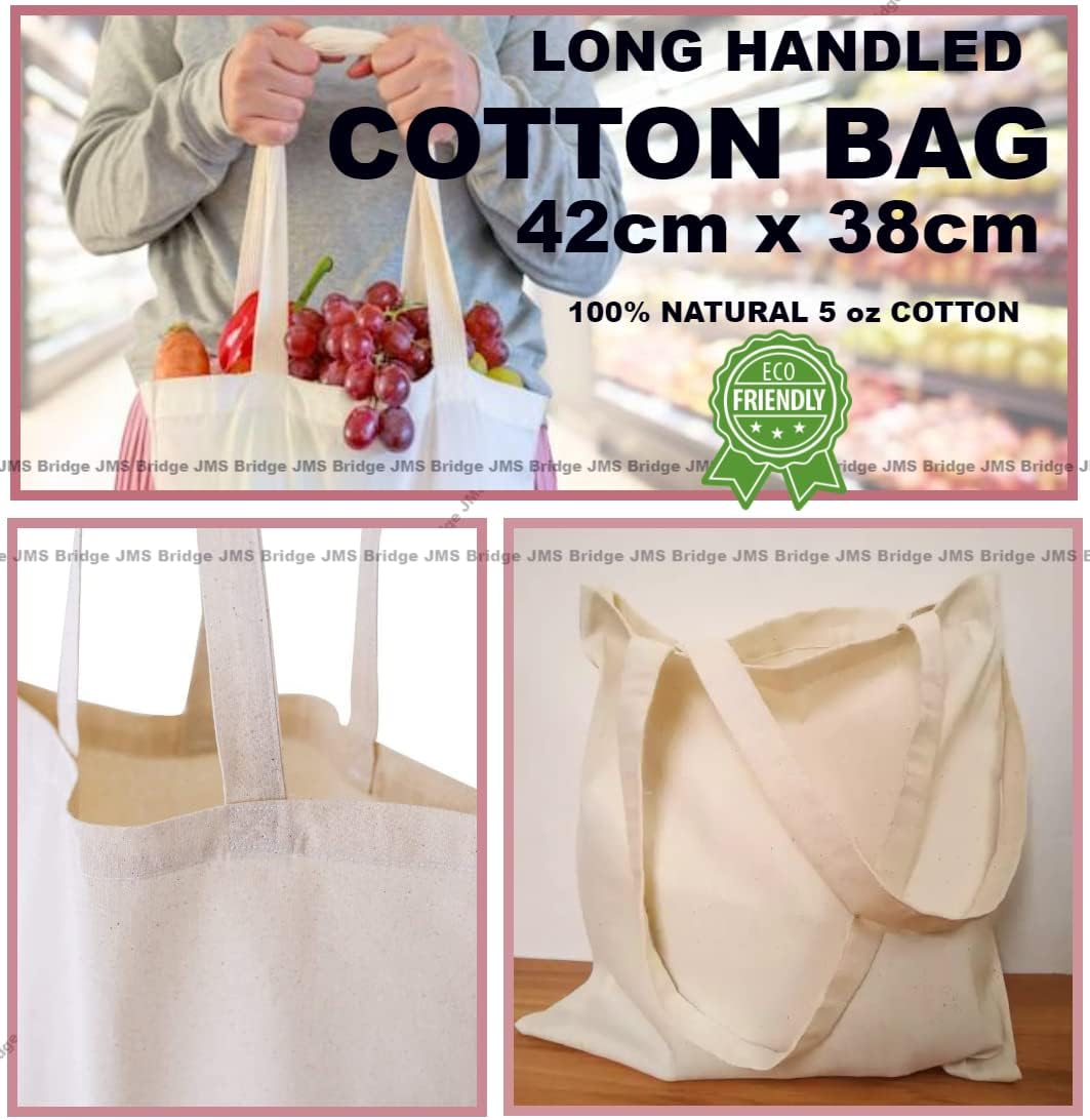 JMS Bridge 10 Cotton Bag Tote Bags, Reusable Premium Natural Cotton Shopper Bags with Long Handle; Ideal for Shopping. Can be Screen Printed, Designed and Customized. Machine Washable. (Pack of 10)