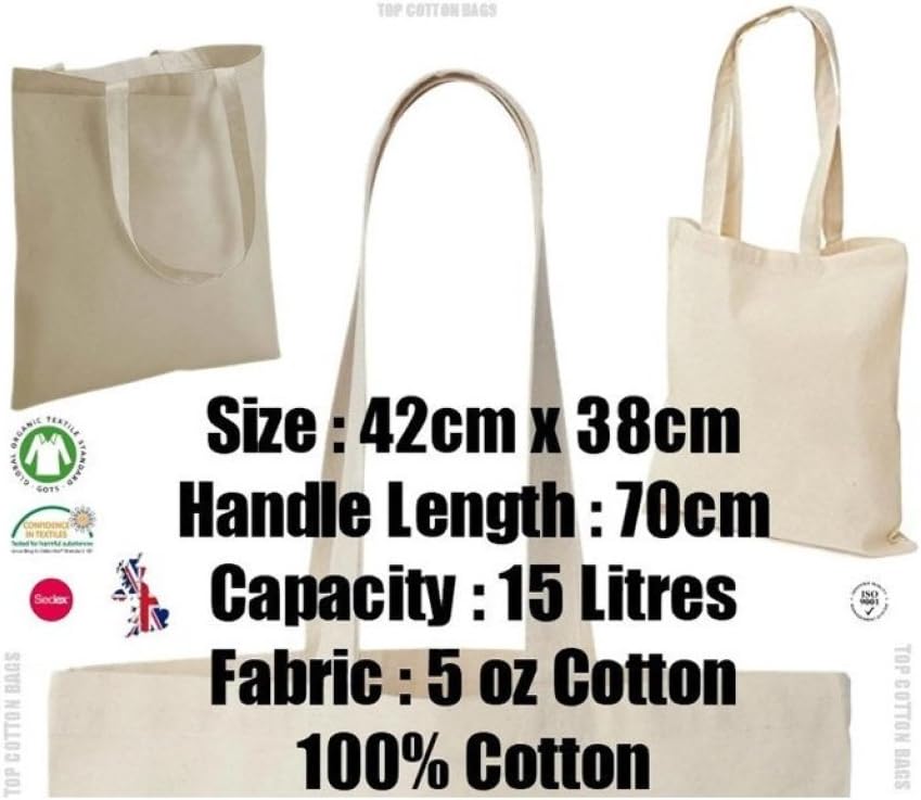 JMS Bridge 10 x Eco-Friendly Premium Natural Cotton Shopping Tote Bags - Plain Design, Perfect for Decorating and Printing