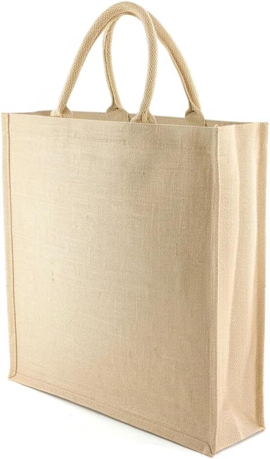 JMS Bridge 10 x Large Jute Burlap Tote Bags with Laminated Interior – Size 45cm x 39cm x 21cm – Waterproof Reusable Hessian Bags with Handles – Eco-Friendly Gift Bags for Shopping, Beach, Crafting