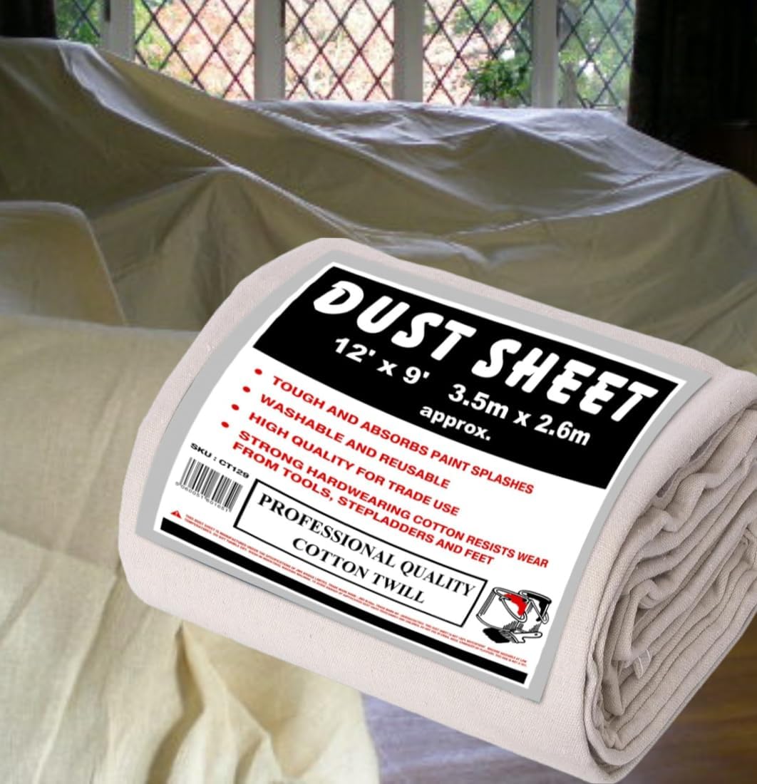 1 x Extra Large 100% Cotton Twill Dust Sheet, 12ft x 9ft, Paint Cover for Painting, Furniture, Decorators, Decorating. Large Size 3.50m x 2.60m Approx (1xCT129)