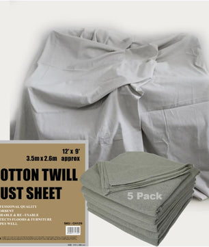 Cotton DUST Sheets for Decorating, Painting, Furniture, Doorways, Stairways. 12ft x 9ft. Five Pack. Reversible, Reusable, Multi-Purpose Uses. Ideal for Professionals (5xCH129)