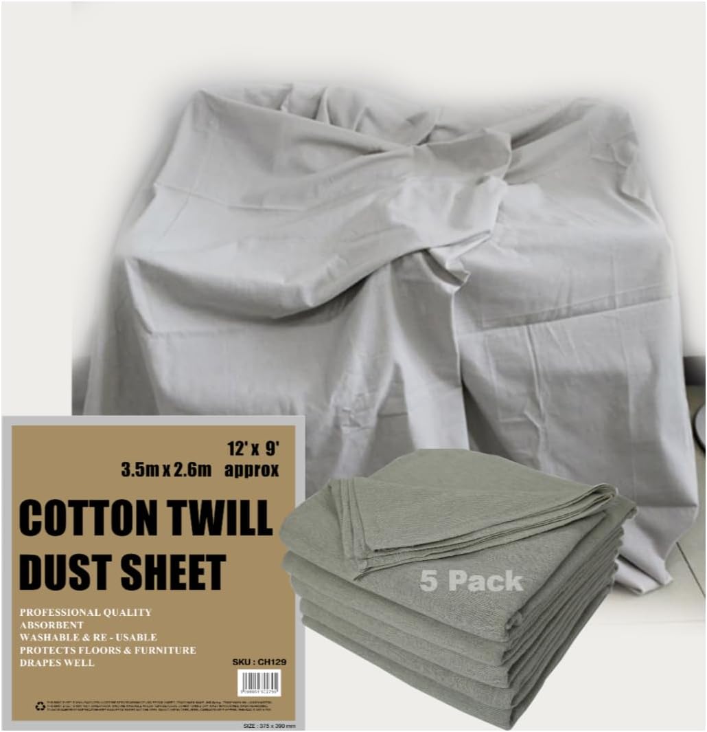Cotton DUST Sheets for Decorating, Painting, Furniture, Doorways, Stairways. 12ft x 9ft. Five Pack. Reversible, Reusable, Multi-Purpose Uses. Ideal for Professionals (5xCH129)