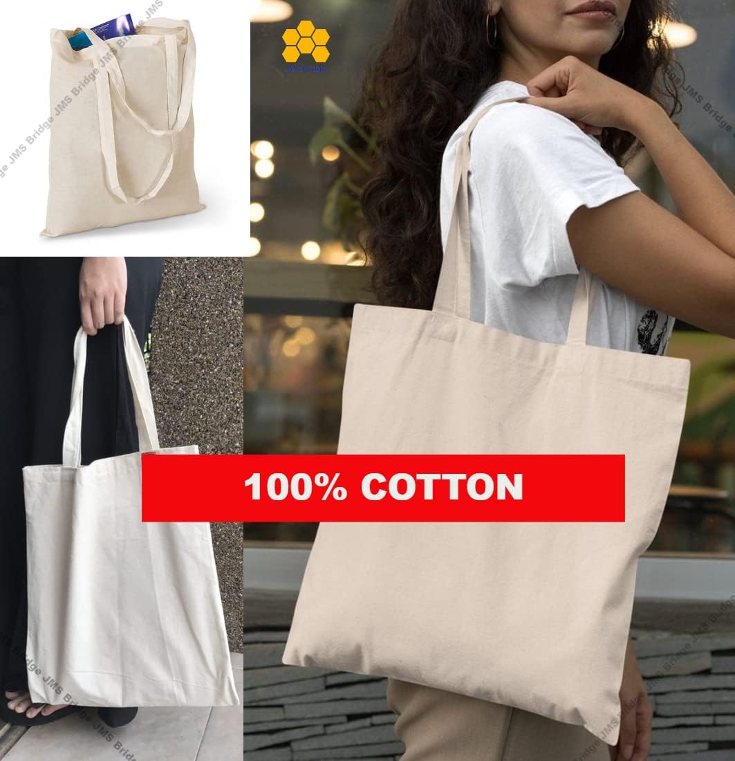 JMS Bridge 10 Cotton Bag Tote Bags, Reusable Premium Natural Cotton Shopper Bags with Long Handle; Ideal for Shopping. Can be Screen Printed, Designed and Customized. Machine Washable. (Pack of 10)