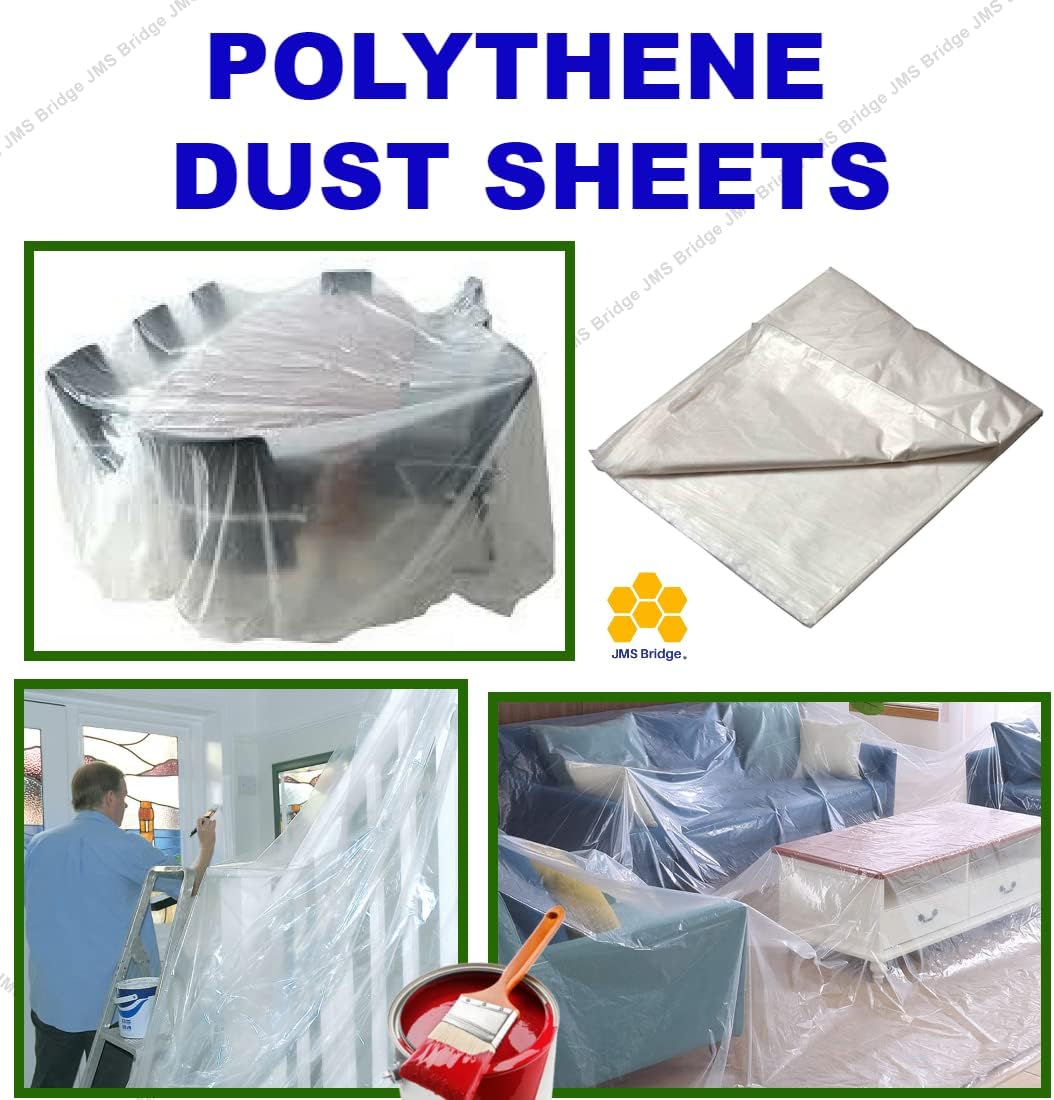 Plastic Dust Sheets Pack of 6 - Extra Large Heavy Duty Clear Polythene Sheeting (12ft x 9ft) for Painting, Decorating, and Garden Use