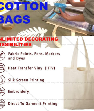 JMS Bridge 10 Cotton Bag Tote Bags, Reusable Premium Natural Cotton Shopper Bags with Long Handle; Ideal for Shopping. Can be Screen Printed, Designed and Customized. Machine Washable. (Pack of 10)