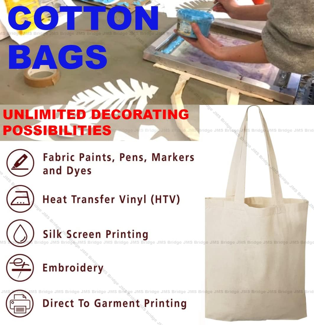 JMS Bridge 10 Cotton Bag Tote Bags, Reusable Premium Natural Cotton Shopper Bags with Long Handle; Ideal for Shopping. Can be Screen Printed, Designed and Customized. Machine Washable. (Pack of 10)