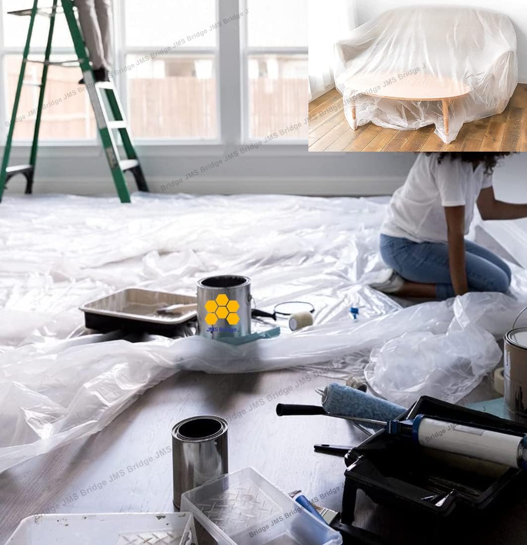 Plastic Dust Sheets Pack of 6 - Extra Large Heavy Duty Clear Polythene Sheeting (12ft x 9ft) for Painting, Decorating, and Garden Use