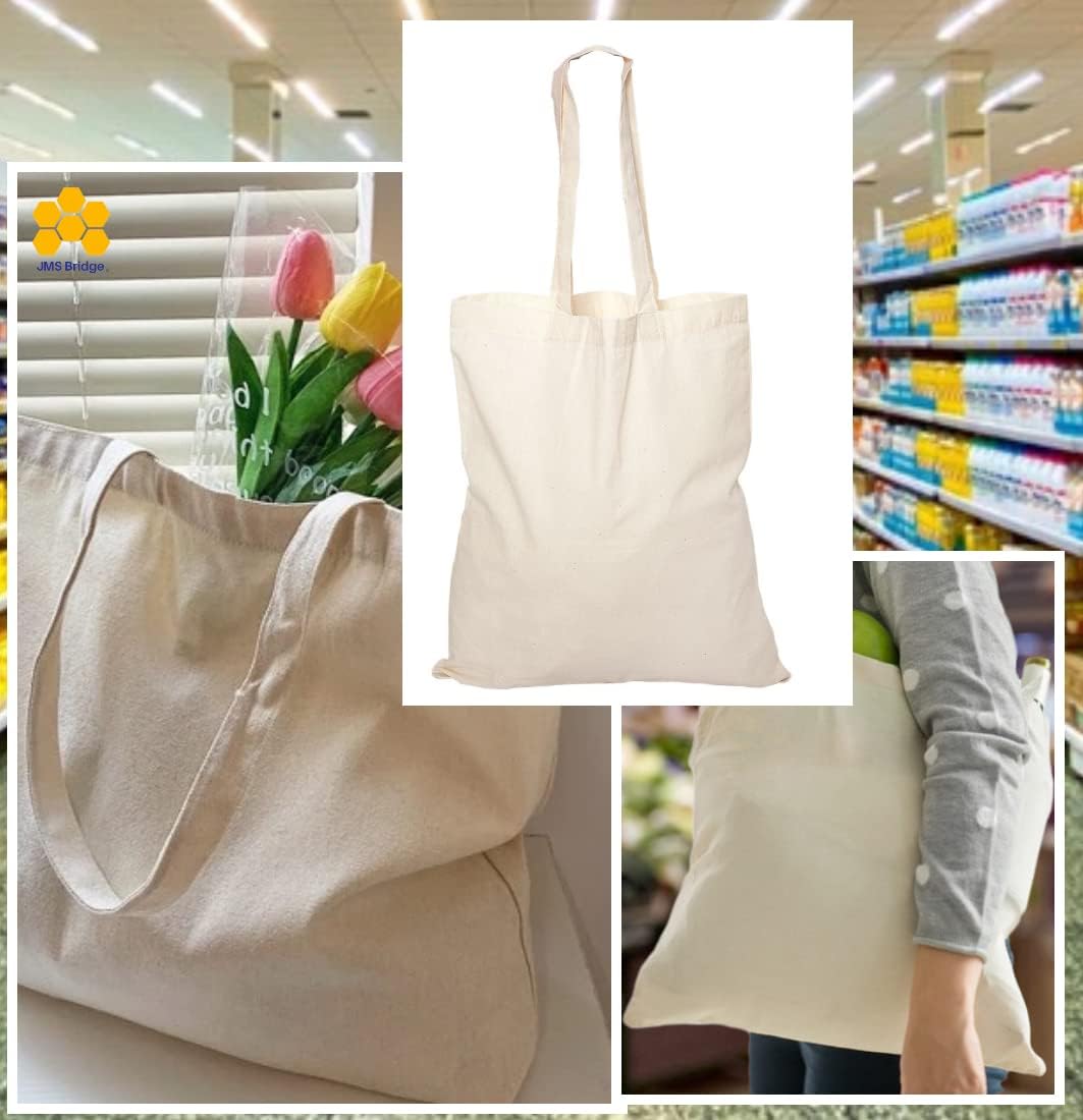 JMS Bridge 10 Cotton Bag Tote Bags, Reusable Premium Natural Cotton Shopper Bags with Long Handle; Ideal for Shopping. Can be Screen Printed, Designed and Customized. Machine Washable. (Pack of 10)