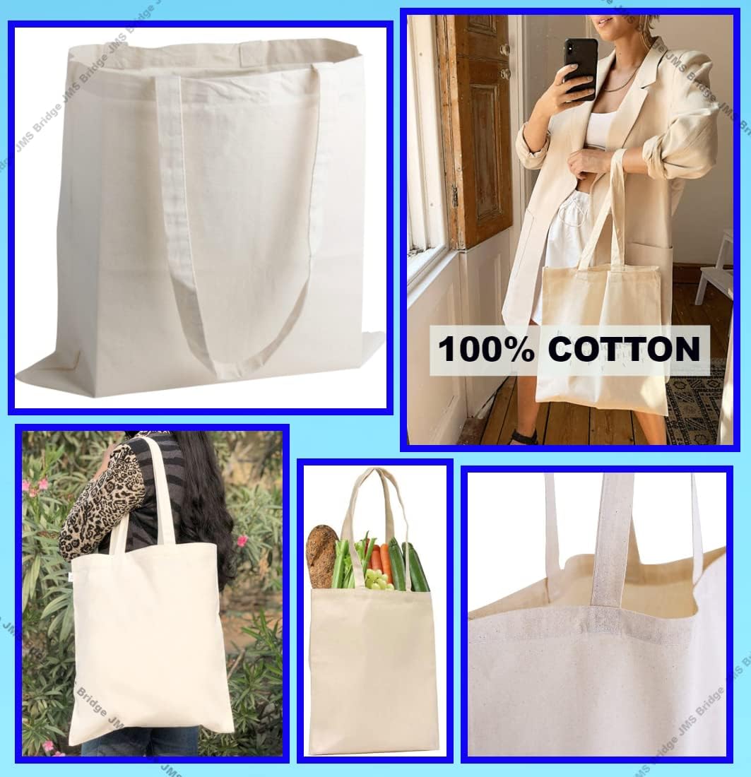 JMS Bridge 10 Cotton Bag Tote Bags, Reusable Premium Natural Cotton Shopper Bags with Long Handle; Ideal for Shopping. Can be Screen Printed, Designed and Customized. Machine Washable. (Pack of 10)