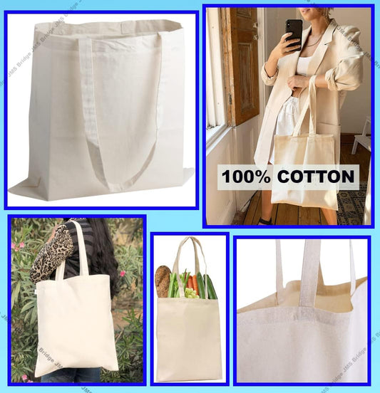 JMS Bridge 10 Cotton Bag Tote Bags, Reusable Premium Natural Cotton Shopper Bags with Long Handle; Ideal for Shopping. Can be Screen Printed, Designed and Customized. Machine Washable. (Pack of 10)
