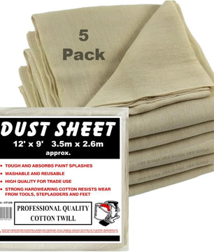 JMS Bridge 5 x Professional Quality 100% Cotton Twill Heavy Duty DUST Sheets for Decorating. Size of Each Sheet : 3.5M x 2.6M / 12ft x 9ft. **Pack of 5 Sheets** (5xCT129)