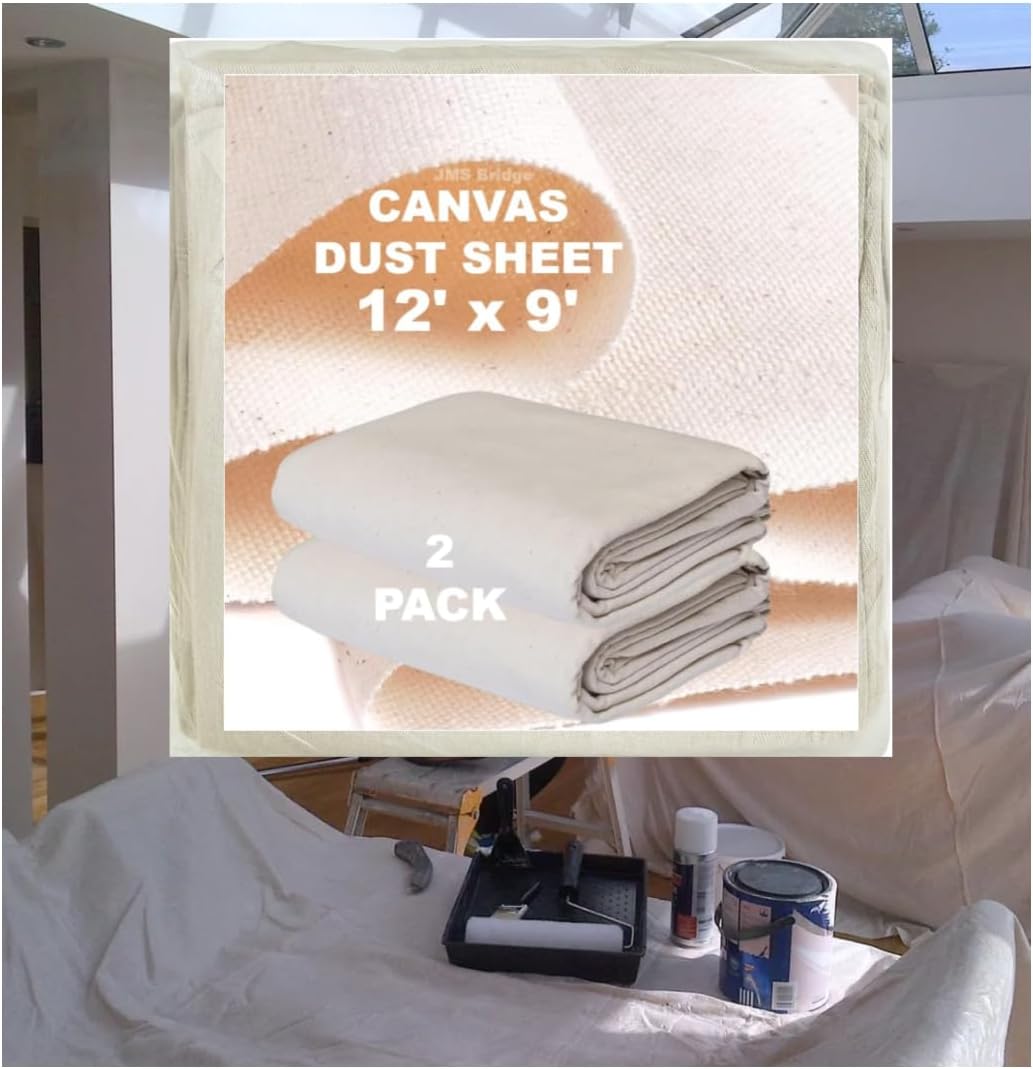 2 x Heavy Duty Canvas Dust Sheets 12ft x 9ft – Extra Strong Drop Cloth for Painting & Decorating – Washable & Reusable Paint Cover Sheets for Furniture, Floors, Stairs & Home Renovation (2xOZ6129)