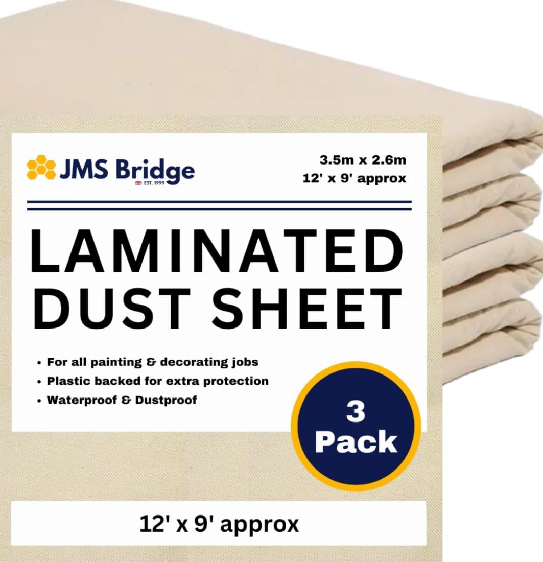3 x Cotton Dust Sheets for Decorating, Painting, Furniture | 12ft x 9ft | Laminated Dust Sheet with Cotton Backed with Plastic Polythene Sheeting Paint Cover Sheet | Drop Cloth | (3xLT129)