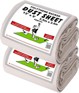 Laminated Cotton Dust Sheets for Decorating **Pack of 2** Waterproof - 12ft x 9ft - Cotton Twill Backed with Plastic Sheet Polythene Sheeting - Absorbs Spills - for Painting, Furniture, DIY, Floor