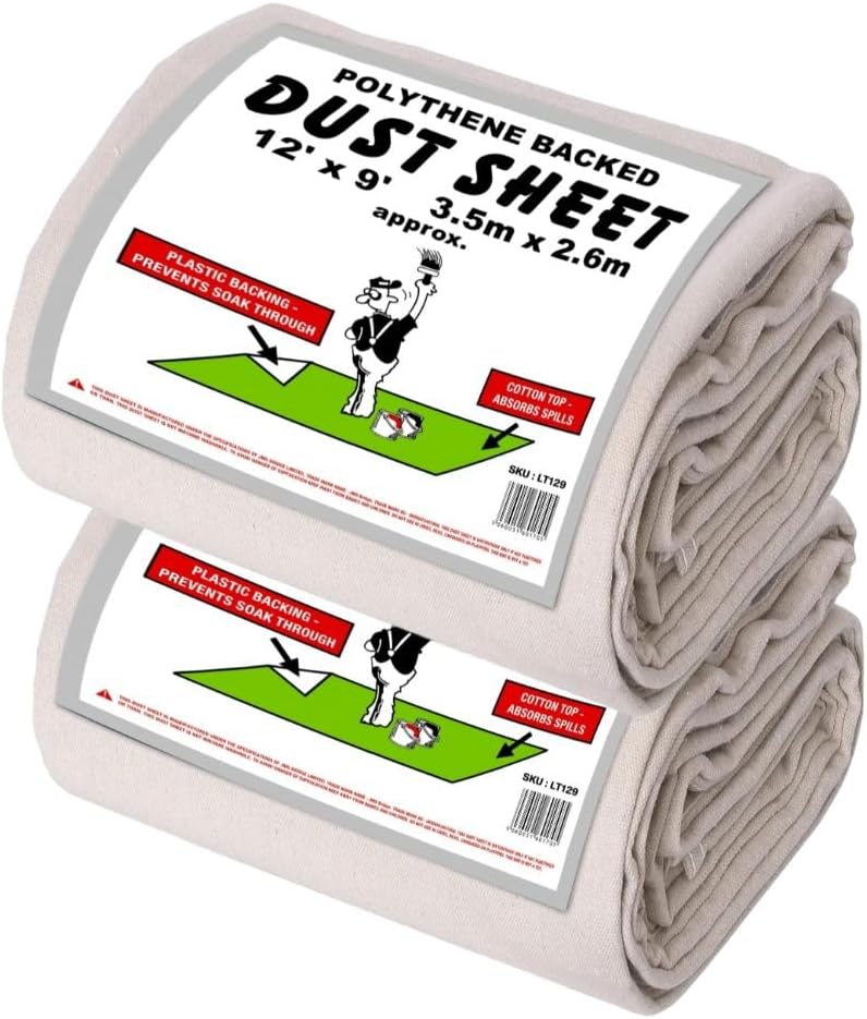Laminated Cotton Dust Sheets for Decorating **Pack of 2** Waterproof - 12ft x 9ft - Cotton Twill Backed with Plastic Sheet Polythene Sheeting - Absorbs Spills - for Painting, Furniture, DIY, Floor