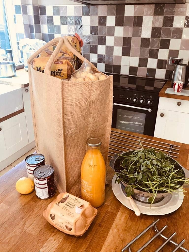 JMS Bridge 10 x Large Jute Burlap Tote Bags with Laminated Interior – Size 45cm x 39cm x 21cm – Waterproof Reusable Hessian Bags with Handles – Eco-Friendly Gift Bags for Shopping, Beach, Crafting