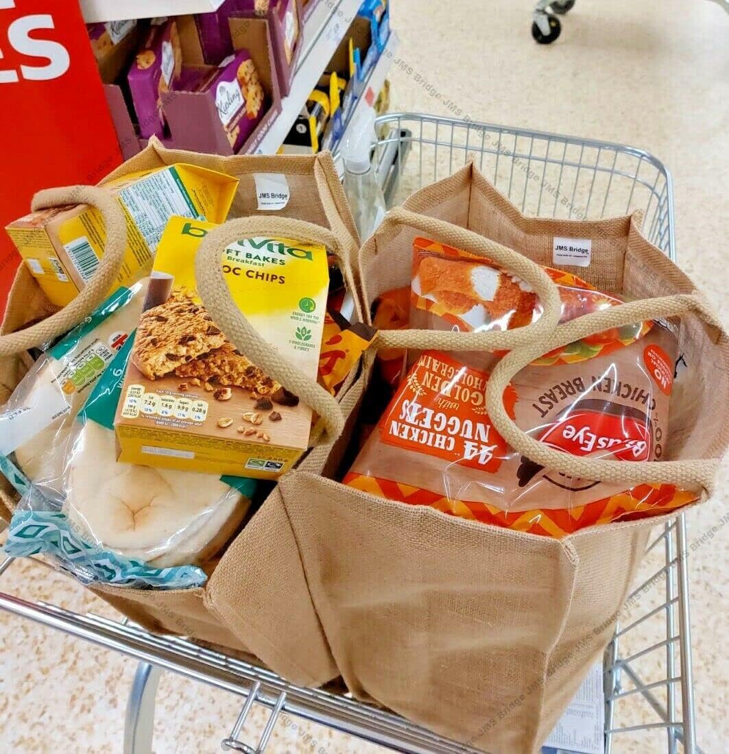 JMS Bridge 10 x Large Jute Burlap Tote Bags with Laminated Interior – Size 45cm x 39cm x 21cm – Waterproof Reusable Hessian Bags with Handles – Eco-Friendly Gift Bags for Shopping, Beach, Crafting