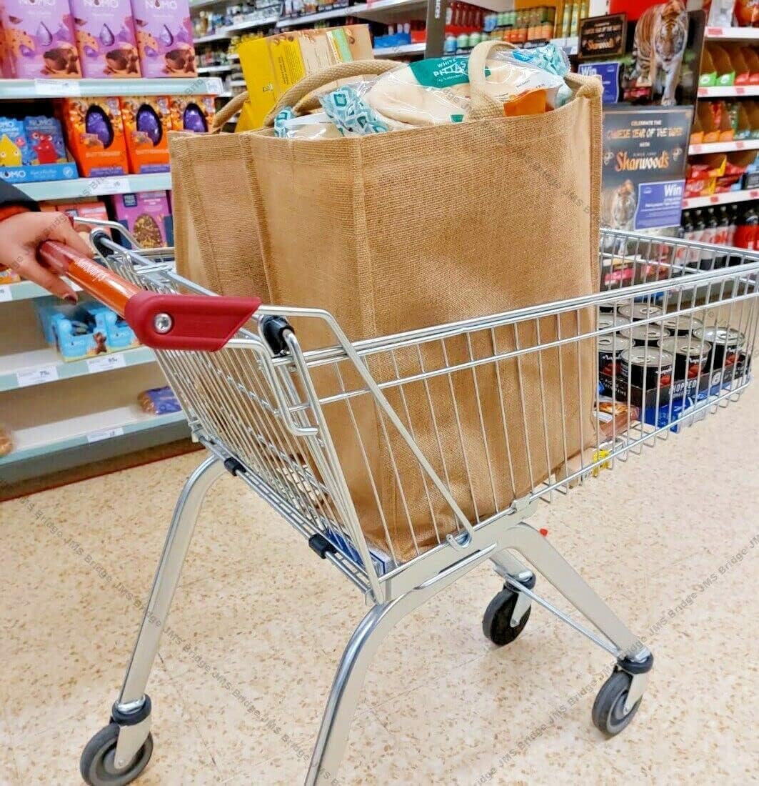 JMS Bridge 10 x Large Jute Burlap Tote Bags with Laminated Interior – Size 45cm x 39cm x 21cm – Waterproof Reusable Hessian Bags with Handles – Eco-Friendly Gift Bags for Shopping, Beach, Crafting