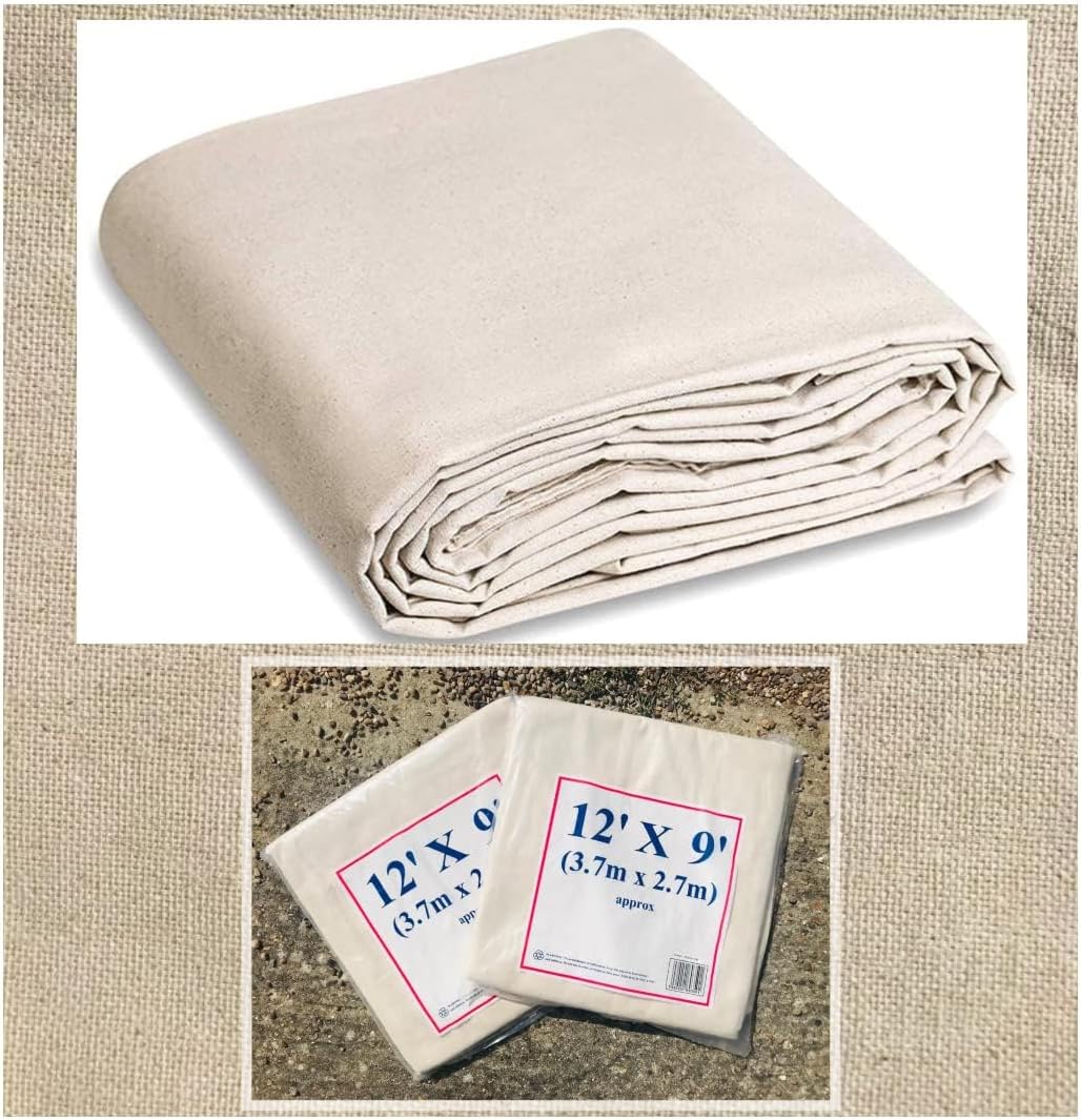 2 x Heavy Duty Canvas Dust Sheets 12ft x 9ft – Extra Strong Drop Cloth for Painting & Decorating – Washable & Reusable Paint Cover Sheets for Furniture, Floors, Stairs & Home Renovation (2xOZ6129)