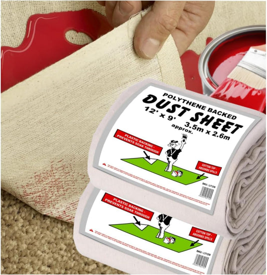 Laminated Cotton Dust Sheets for Decorating **Pack of 2** Waterproof - 12ft x 9ft - Cotton Twill Backed with Plastic Sheet Polythene Sheeting - Absorbs Spills - for Painting, Furniture, DIY, Floor