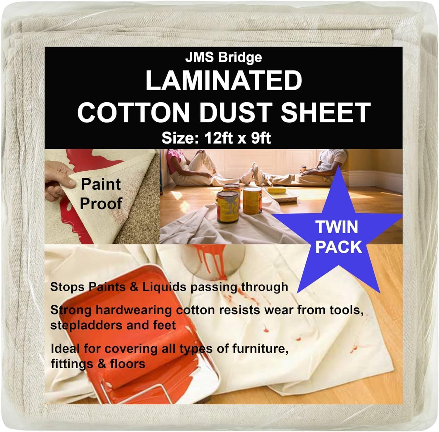 Laminated Cotton Dust Sheets for Decorating **Pack of 2** Waterproof - 12ft x 9ft - Cotton Twill Backed with Plastic Sheet Polythene Sheeting - Absorbs Spills - for Painting, Furniture, DIY, Floor