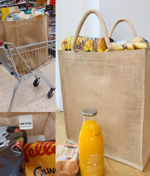 JMS Bridge 10 x Large Jute Burlap Tote Bags with Laminated Interior – Size 45cm x 39cm x 21cm – Waterproof Reusable Hessian Bags with Handles – Eco-Friendly Gift Bags for Shopping, Beach, Crafting