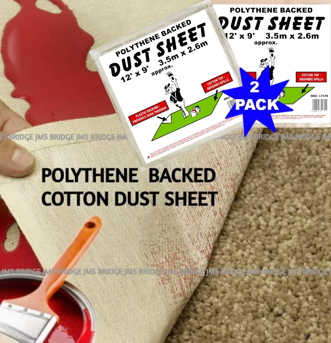 Laminated Cotton Dust Sheets for Decorating **Pack of 2** Waterproof - 12ft x 9ft - Cotton Twill Backed with Plastic Sheet Polythene Sheeting - Absorbs Spills - for Painting, Furniture, DIY, Floor