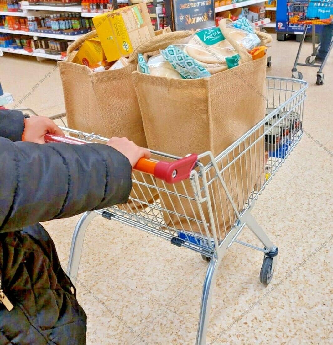 JMS Bridge 10 x Large Jute Burlap Tote Bags with Laminated Interior – Size 45cm x 39cm x 21cm – Waterproof Reusable Hessian Bags with Handles – Eco-Friendly Gift Bags for Shopping, Beach, Crafting