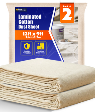 Laminated Cotton Dust Sheets for Decorating **Pack of 2** Waterproof - 12ft x 9ft - Cotton Twill Backed with Plastic Sheet Polythene Sheeting - Absorbs Spills - for Painting, Furniture, DIY, Floor