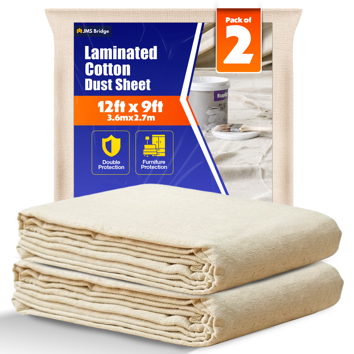 Laminated Cotton Dust Sheets for Decorating **Pack of 2** Waterproof - 12ft x 9ft - Cotton Twill Backed with Plastic Sheet Polythene Sheeting - Absorbs Spills - for Painting, Furniture, DIY, Floor