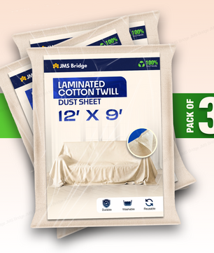 3 x Cotton Dust Sheets for Decorating, Painting, Furniture | 12ft x 9ft | Laminated Dust Sheet with Cotton Backed with Plastic Polythene Sheeting Paint Cover Sheet | Drop Cloth