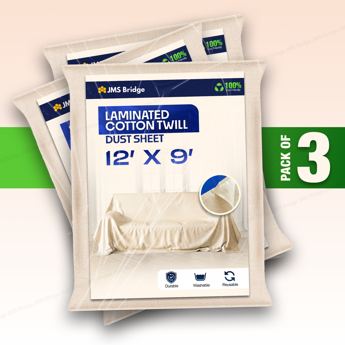3 x Cotton Dust Sheets for Decorating, Painting, Furniture | 12ft x 9ft | Laminated Dust Sheet with Cotton Backed with Plastic Polythene Sheeting Paint Cover Sheet | Drop Cloth