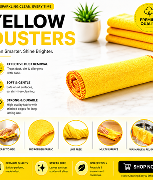 100% Cotton Yellow Dusters | Super Absorbent Lint-Free Reusable Cleaning Cloths 28x31cm I 8 Piece