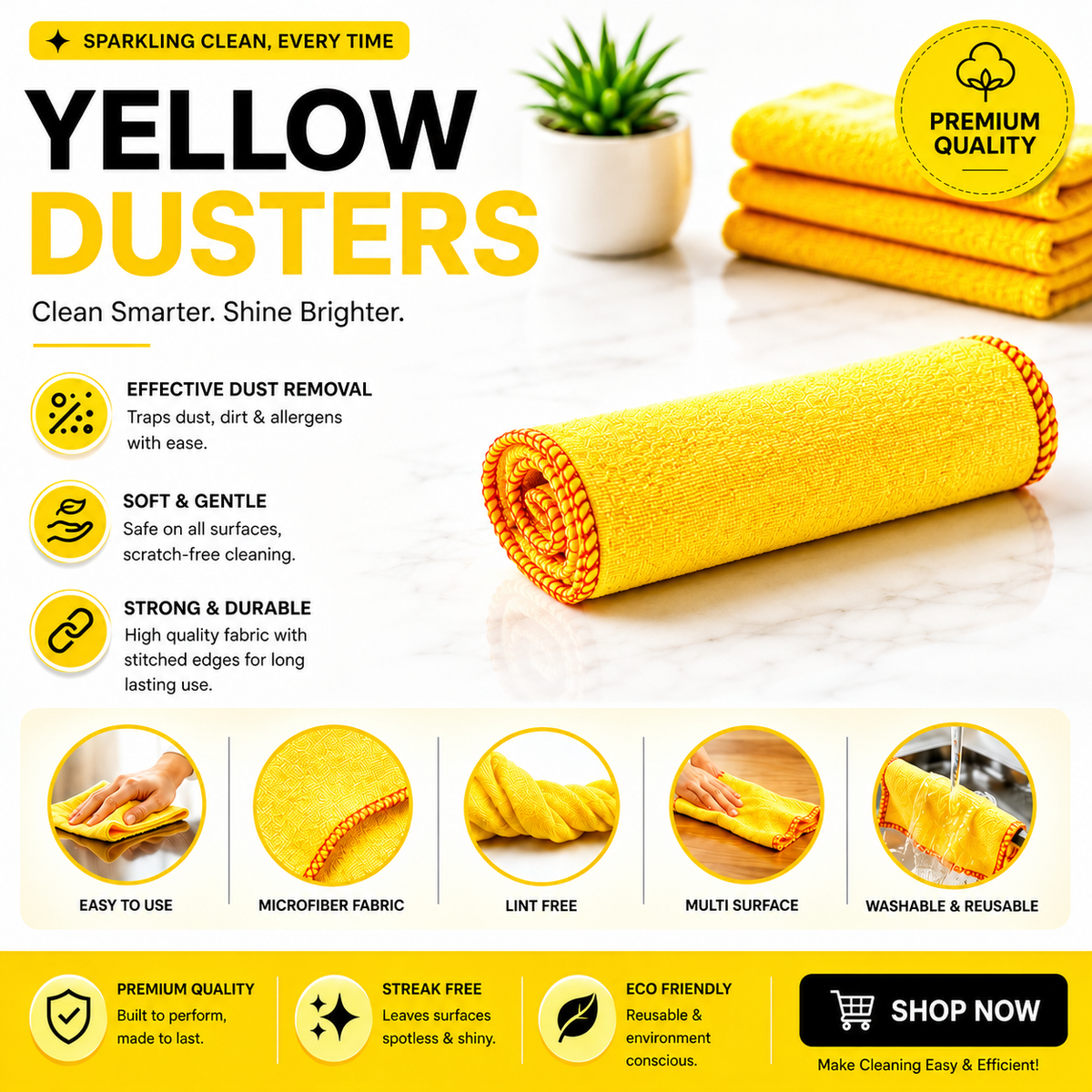 100% Cotton Yellow Dusters | Super Absorbent Lint-Free Reusable Cleaning Cloths 28x31cm I 8 Piece