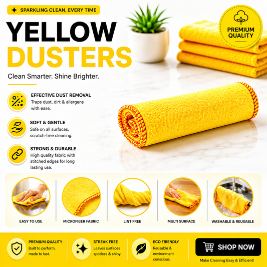 100% Cotton Yellow Dusters | Super Absorbent Lint-Free Reusable Cleaning Cloths 28x31cm I 8 Piece