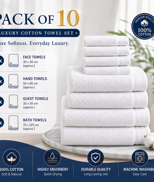 10 Piece White Towel Set | Soft & Absorbent Cotton Towels