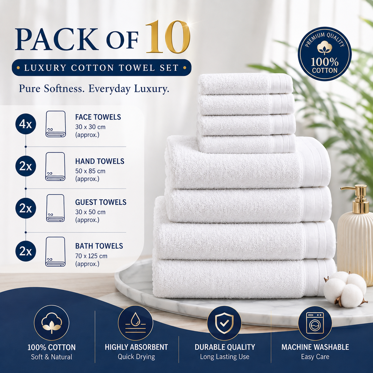 10 Piece White Towel Set | Soft & Absorbent Cotton Towels