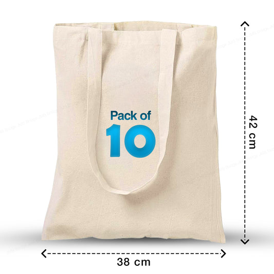 10 x Eco-Friendly Premium Natural Cotton Shopping Tote Bags - Plain Design, Perfect for Decorating and Printing