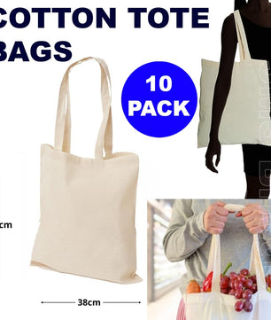 10 Cotton Bag Tote Bags, Reusable Premium Natural Cotton Shopper Bags with Long Handle; Ideal for Shopping. Can be Screen Printed, Designed and Customized. Machine Washable.