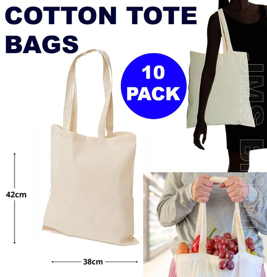 10 Cotton Bag Tote Bags, Reusable Premium Natural Cotton Shopper Bags with Long Handle; Ideal for Shopping. Can be Screen Printed, Designed and Customized. Machine Washable.