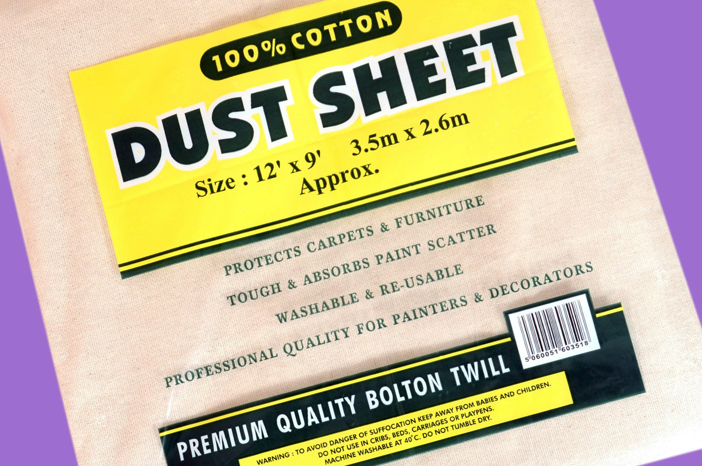 Extra Heavy Duty Dust Sheet. Drop Cloth. 2.5Kg Cotton. Large Size. Bolton Twill - 12' x 9'
